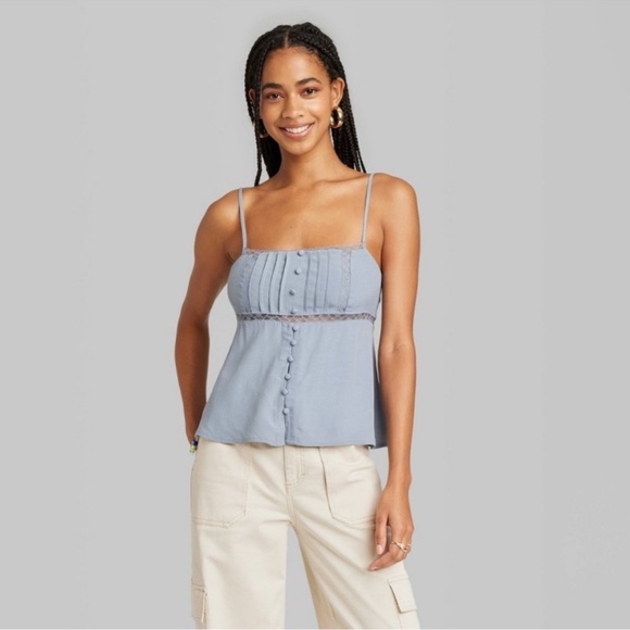 Wild Fable Tops - Wild Fable Babydoll Slate Blue Lace Trim Camisole Tank Top Size XXS